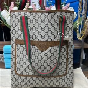 Gucci Monogram Beige and Brown Tote with shery line Straps